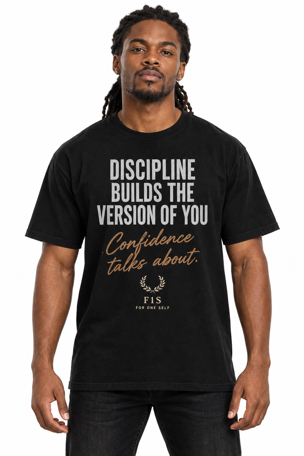 Discipline T-Shirt front view on model against white background