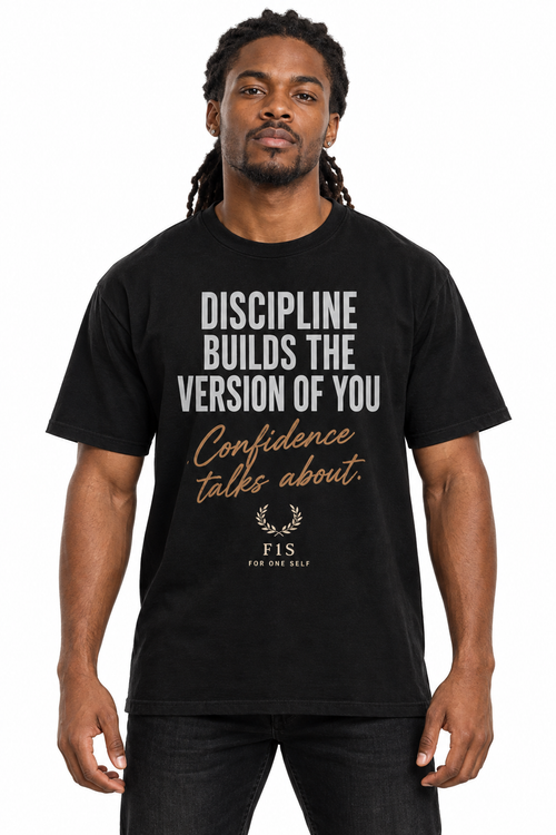 Discipline T-Shirt front view on model against white background