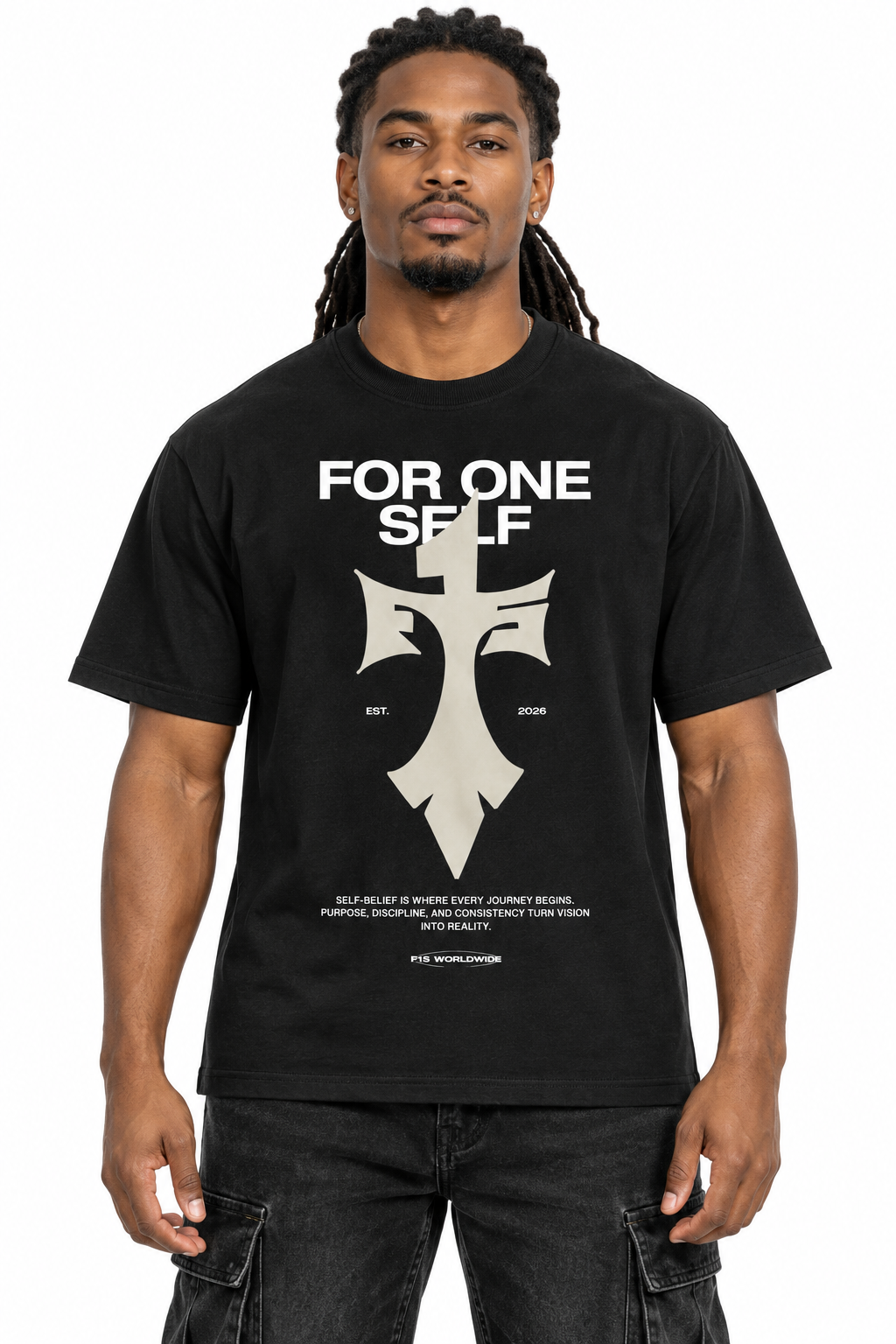 F1S Cross T-Shirt front view on model against white background