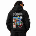 Model wearing the black F1S Lansing Edition Oversize Fleeced Hoodie, back view on white