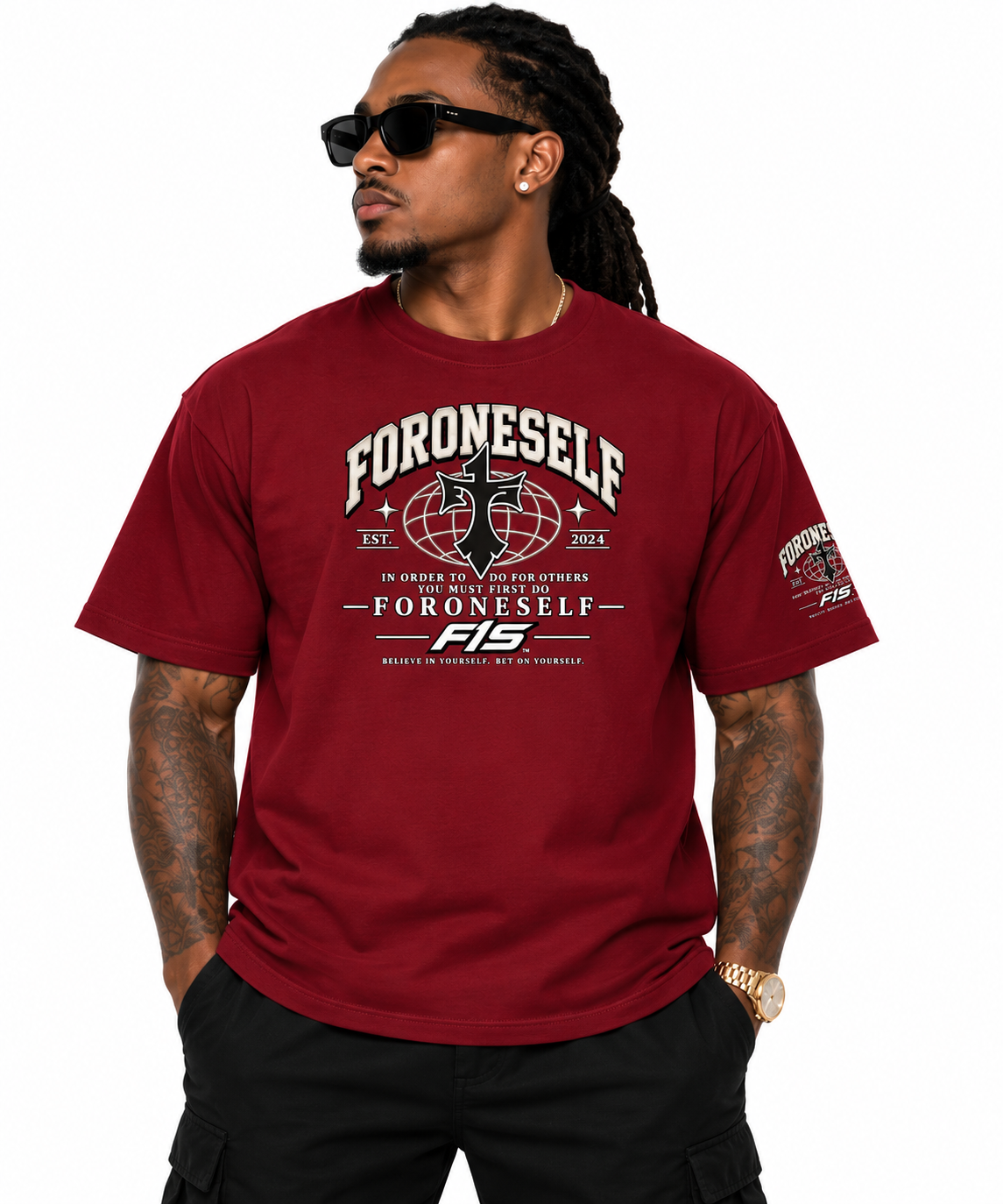 FORONESELF Essential Cotton T-Shirt wine red front model
