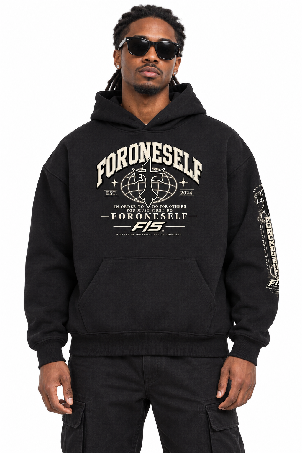 Model wearing the black FORONESELF Essential Heavyweight Hoodie, front view