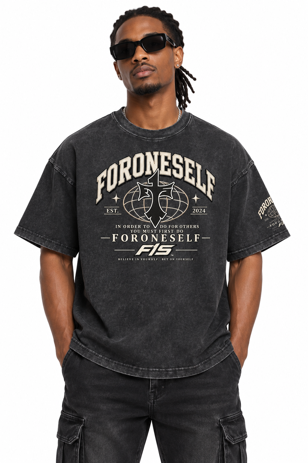 Model wearing the black FORONESELF Oversized Boxy Cotton T-Shirt, front view