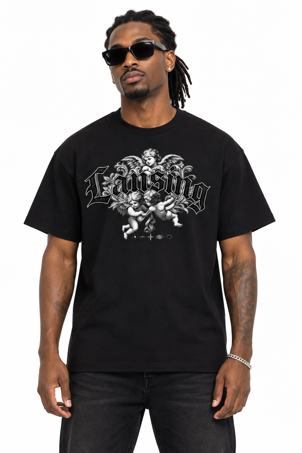 Model wearing the black Lansing Baby Angel T-Shirt, front view