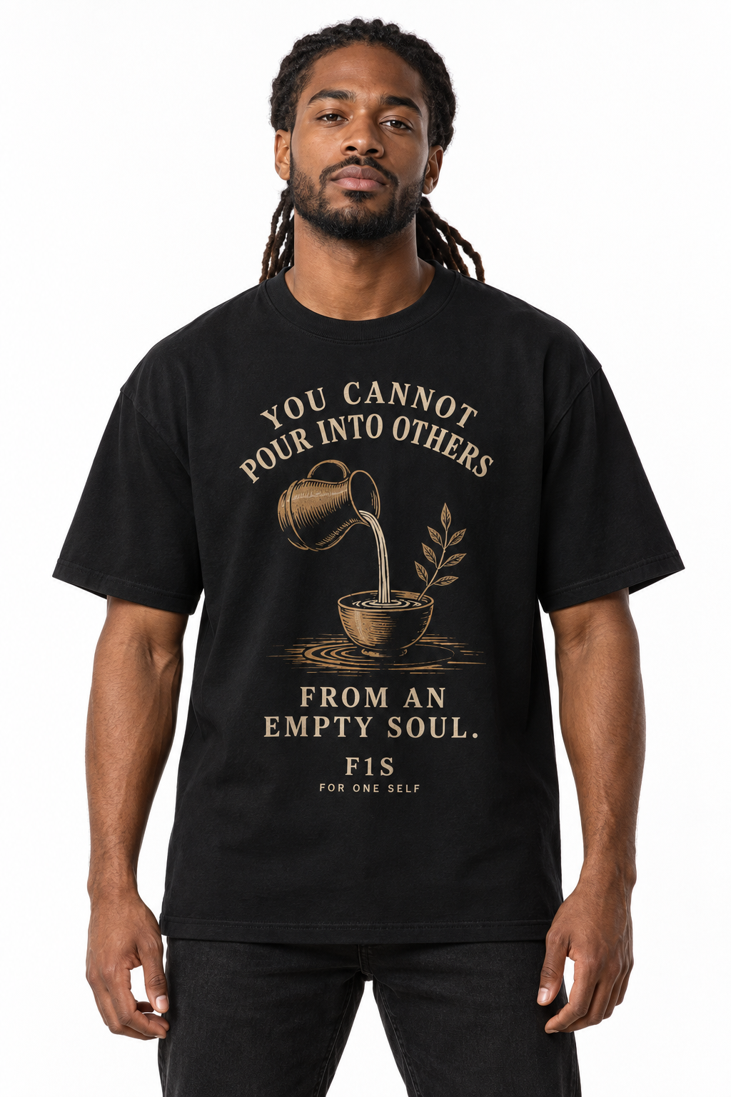 Pour Into Others T-Shirt front view on model against white background