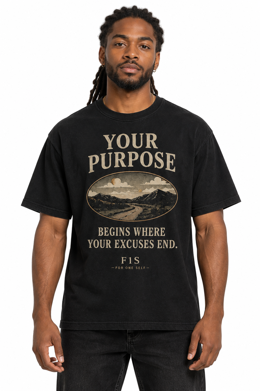 Purpose T-Shirt front view on model against white background